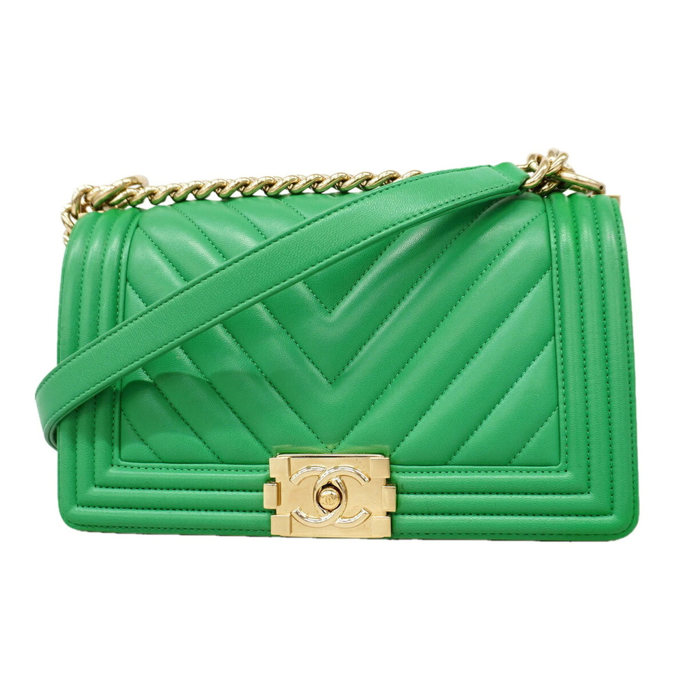 Chanel Boy Chain Shoulder Bag, V-stitch, Lambskin, Green Champagne, Women's